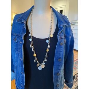 Chicos Long Coin Charm Necklace Mixed Metal Faux Pearl Gold Silver Tone Chain